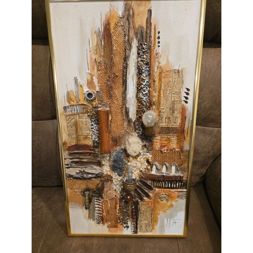 ANITA Signed Mixed-Media Assemblage Art 18x10 Frame Burlap Pebble Sand Wood Bulb